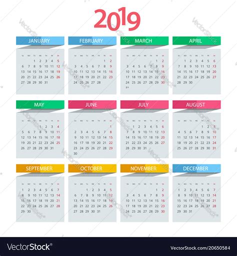 Calendar For 2019 Year Design Print Royalty Free Vector