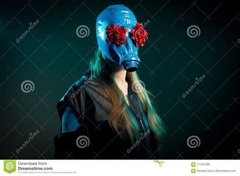 Long Haired Girl In A Blue Gas Mask Stock Photo Image Of Eyes