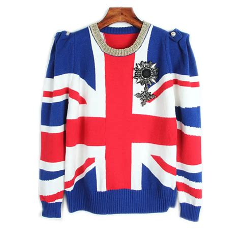 runway designer pullover 2017 winter sweater women british flag jacquard jersey casual badge