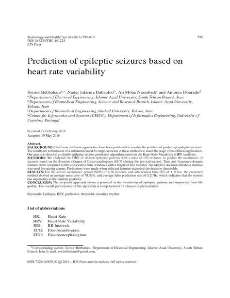 Pdf Prediction Of Epileptic Seizures Based On Heart Rate Variability