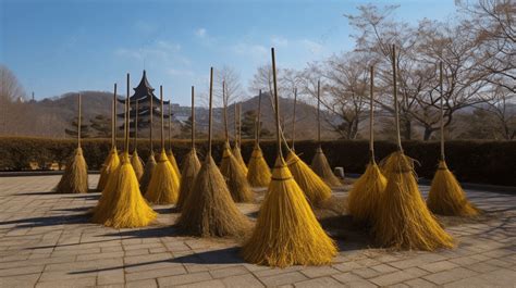 Group Of Brooms That Are Placed On Several Large Stones Background