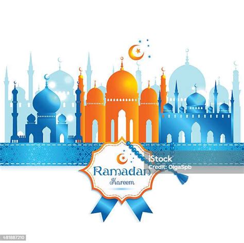 Kartu Ucapan Desain Ramadan Kareem Dengan Siluet Masjid Ilustrasi Stok