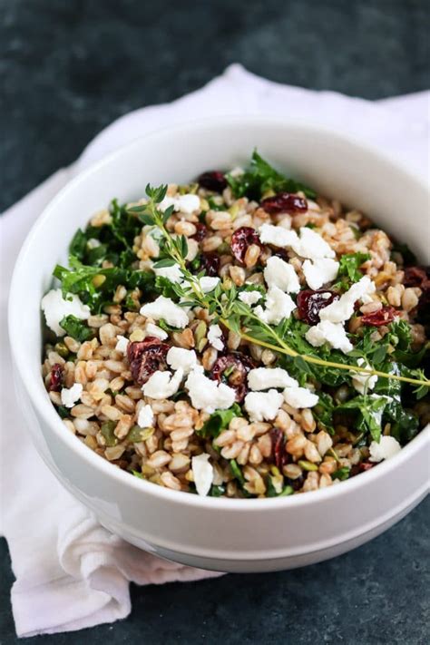 Photos of quinoa, couscous, and farro salad with summer vegetables. Healthy Farro Salad with Kale, Cranberries and Goat Cheese ...