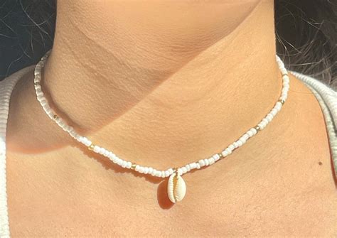 Handmade Beaded Single Cowrie Shell Necklace White Gold Etsy