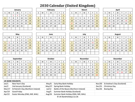 Download 2030 Uk Calendar Printable With Holidays Landscape Layout