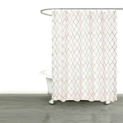 Sheer White Fabric Shower Curtain Embroidered Trellis Taupe Metallic 72