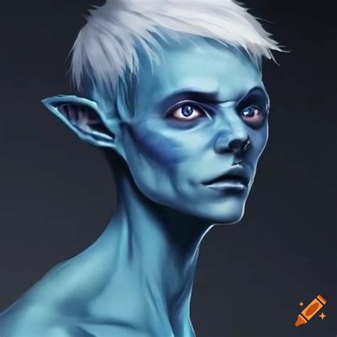 Blue Skinned Humanoid Alien Man With Pointed Ears And Short Wavy White