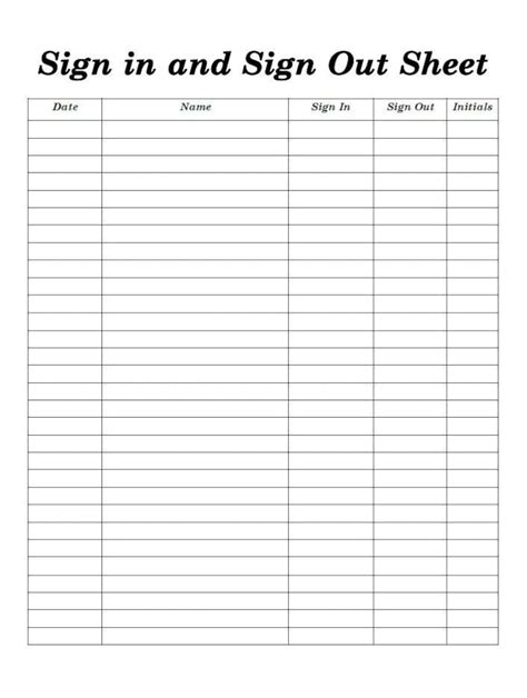 Sign In And Out Sheet Printable Form Digital File Instant Download
