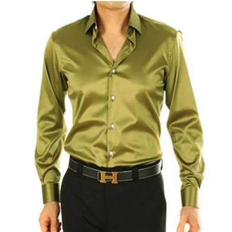 2017 Fashion Army Green Male Casual Silk Men Shirt Loose Male Autumn