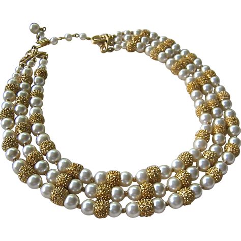 50 Sale Trifari Triple Strand Faux Pearl Gold Tone Necklace Pearls
