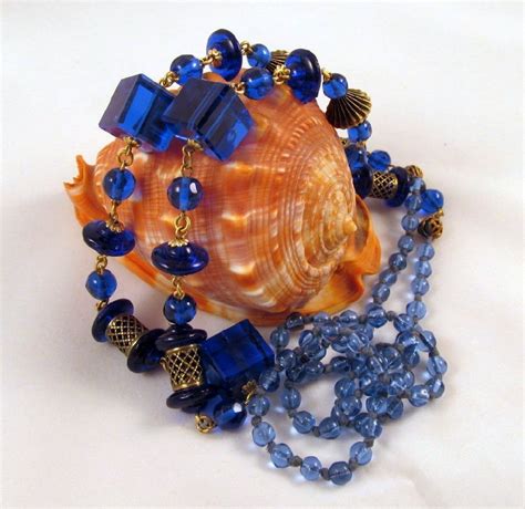Czech Blue Glass Saucer Bead Filigree Tubes Art Deco Necklace From