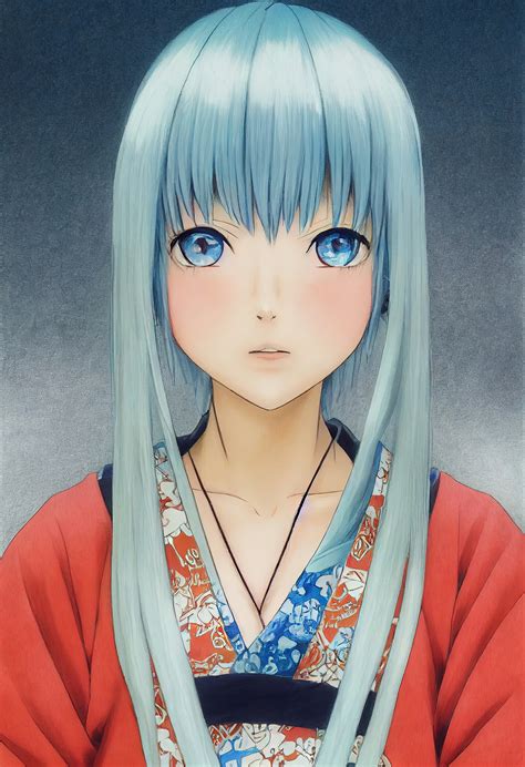 Artstation Blue Haired Anime Girl In Kimono