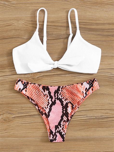 White Rib Knit Cami Top Swimsuit With Pink Snakeskin Bikini Bottom In