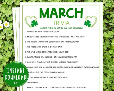 March Trivia Game Printable Month Party Games Springtime Etsy