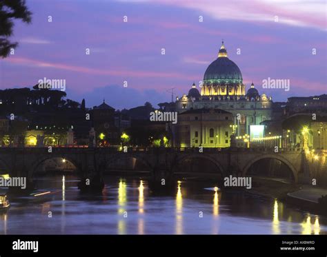 St Peters Basilica Ponte Sant Angelo And Vatican City Night View River