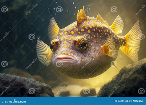 Yellow Brown Puffer Fish With Yellow Fins Swims Among Stones Stock