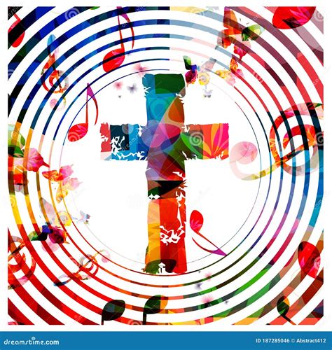 Colorful Christian Cross With Music Notes Isolated Vector Illustration