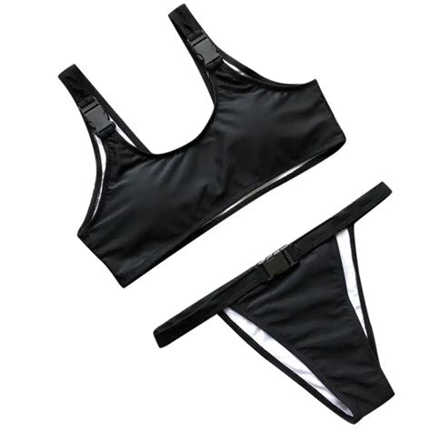 Women Sexy Buckle Bikini Set Solid Push Up Padded Thong Swimwear