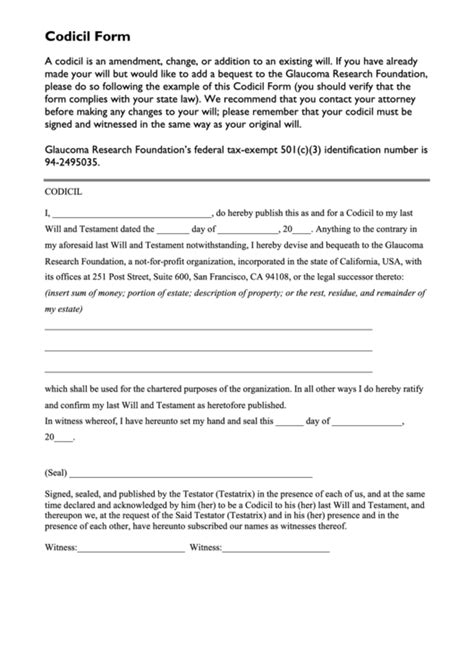 Free Printable Codicil Form Customize And Print