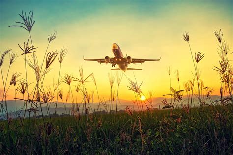 Sunset Grass Sky Dawn Plane Airplane Takeoff Hd Wallpaper