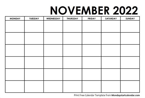 November 2022 Calendar Blank Template To Print Starting From Monday