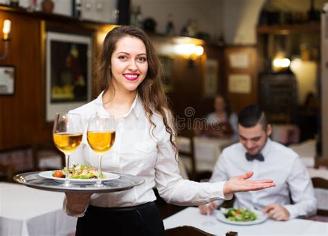 Female Waiter Serving Guests Table Stock Photo Image Of People