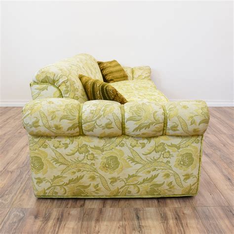 Long Beige And Green Floral Paisley Print Sofa Loveseat Vintage