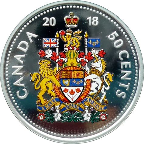 Canadian Silver 50 Cents Canadas Coat Of Arms Colored 2018 Coin