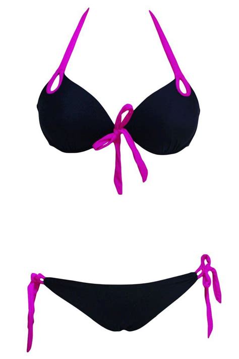 Black Push Up Halter Bikini With Fuchsia Detail Bikini Swimwear