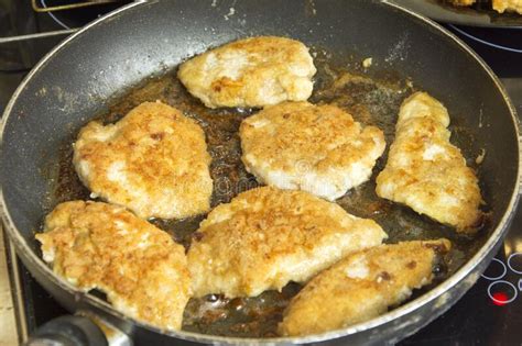 Fried Delicious Chicken Cutlets In A Hot Frying Pan Home Cooking Stock