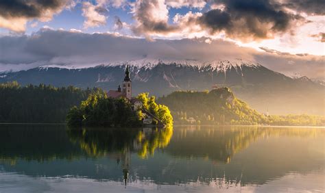 Julian Lake Bled Slovenia Lake Sky Mountains Forests Scenery