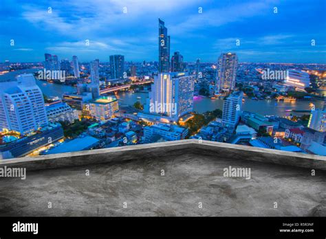 Blank Roof Top Of Building With Skyscraper Landscape Background Stock