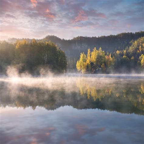 Amazing Autumn Forest Reflected In A Calm Lake Stock Photo Image Of