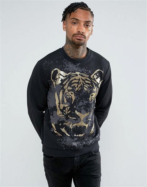 Versace Jeans Sweatshirt In Black With Large Foil Tiger Black Screen