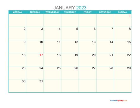 January Monday 2023 Calendar Printable Calendar Quickly