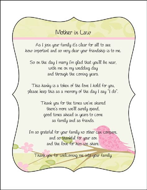 Because mother's day comes in the spring, we always recommend a delightful spring bouquet, featuring the bright colors and fragrances of the season. Mother in Law Poem card great addition to a personalized ...