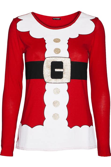 Womens Ladies Santa Claus Suit Costume Belt Long Sleeve Christmas Xmas T Shirt Ebay