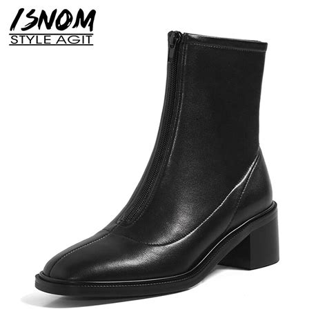 isnom soft cow leather ankle boots woman square toe sock boot front zipper short booties square