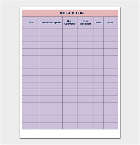 Printable Monthly Mileage Log Sheet Free