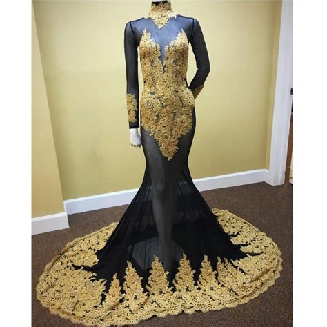 Muslim Mermaid Black Evening Dress Long Sleeve Golden Lace For Party Evening Gown Dresses Buy