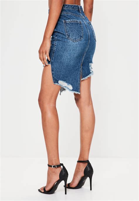 Lyst Missguided Blue Ripped Asymmetric Hem Denim Skirt In Blue