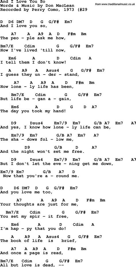 Song Lyrics With Guitar Chords For And I Love You So Perry Como 1973