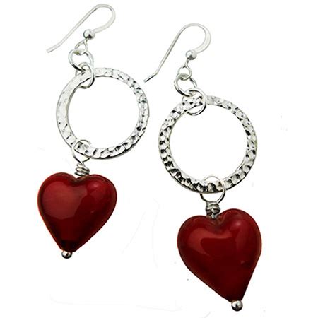 Red Heart Murano Glass And Silver Plated Pewter Circle Earrings