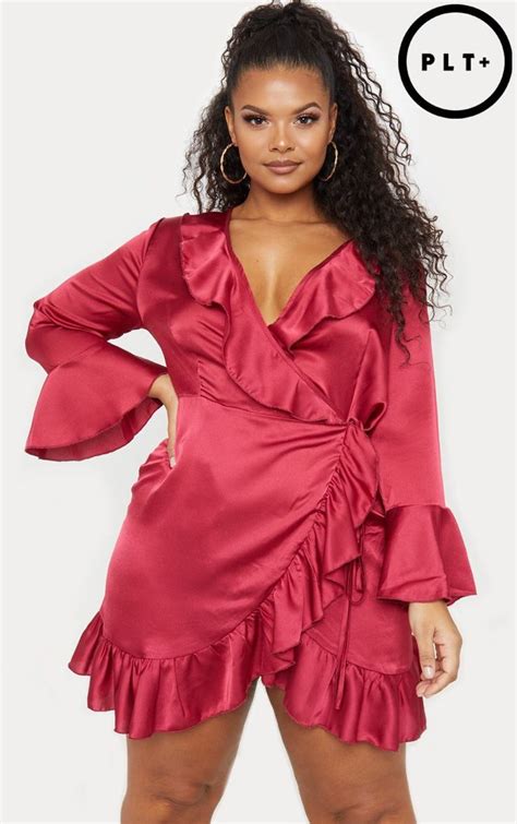 Plus Burgundy Frill Wrap Tea Dress Silk Wrap Dresses Plus Size