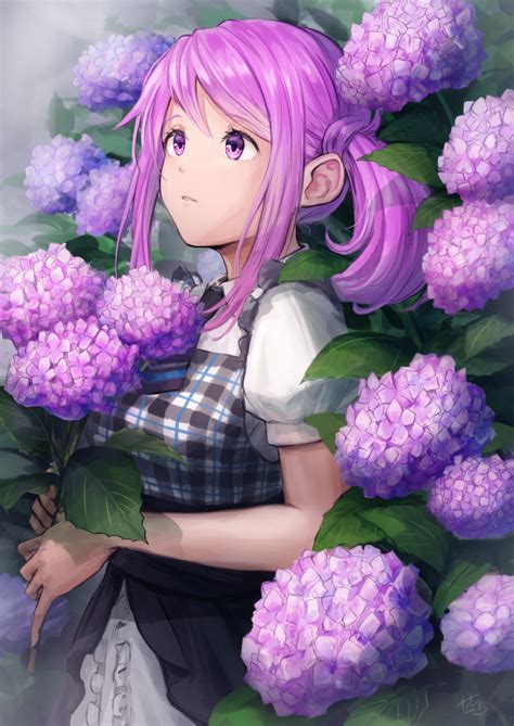 Wallpaper Anime Girl Purple Flowers Cute Profile View