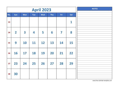 April Calendar 2023 Grid Lines For Holidays And Notes Horizontal