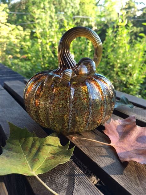Small Gold And Moss Hand Blown Glass Pumpkin With Gold Stem Etsy