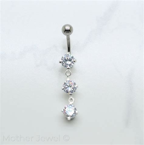 Real 925 Sterling Silver Triple Round Simulated Diamond Dangle Belly Bar Ring Ebay