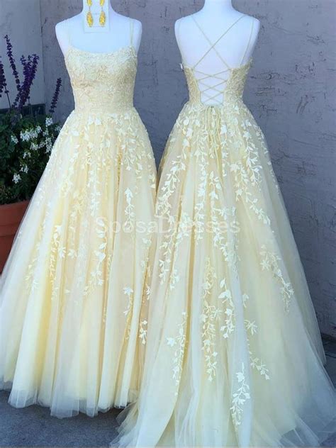 Yellow Lace Applique Beaded Evening Prom Dresses Evening Party Prom D