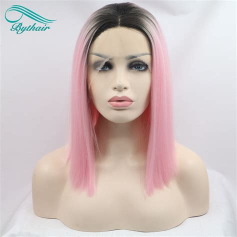 Bythairshop Fashion Lace Front Wig Ombre Blackandpink 12 Inch Straight